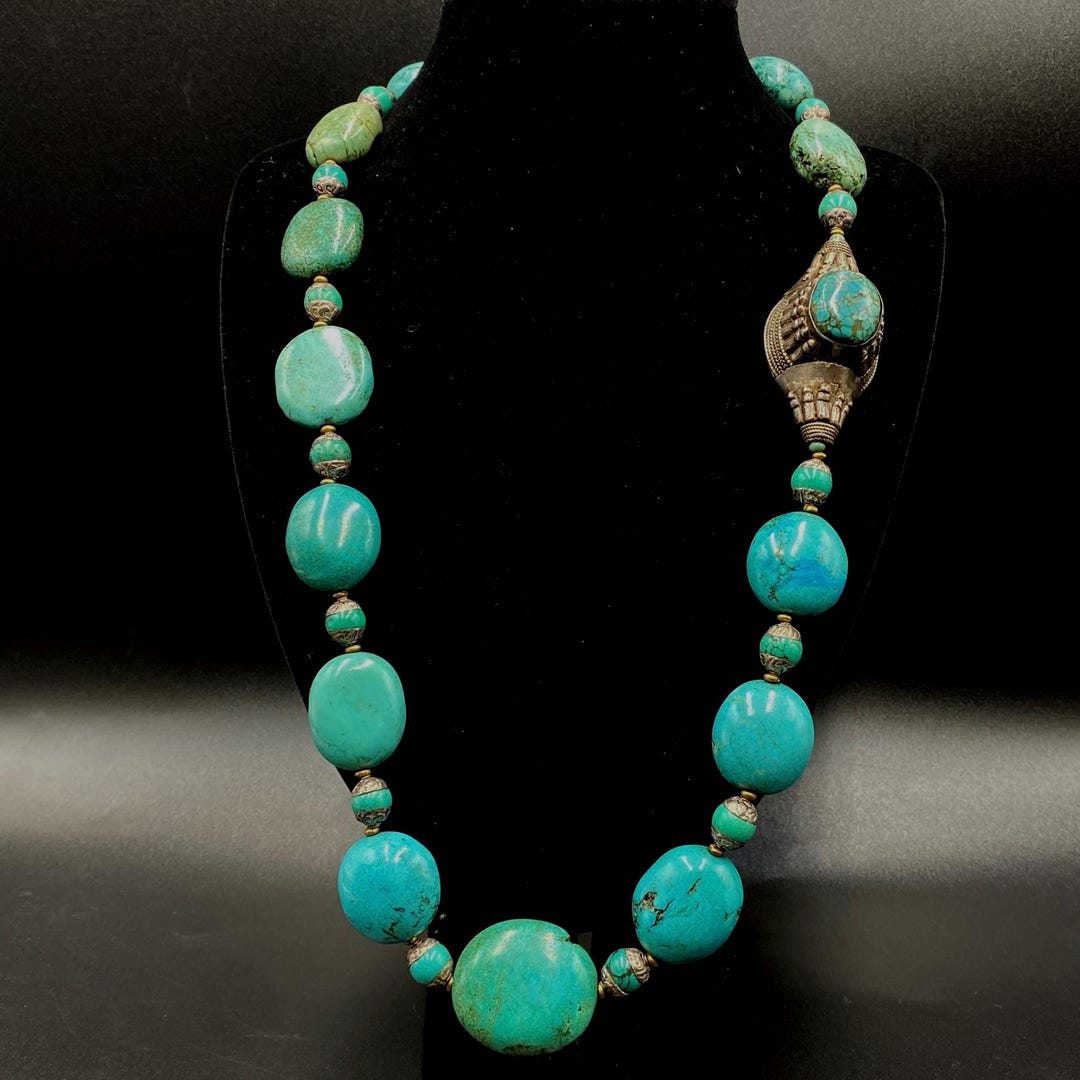 チベットシルバーターコイズペンダントネックレス、天然石ビーズ