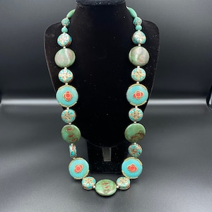 Beautiful Tibetan turquoise necklace with coral and brass natural stone brass beautiful necklace