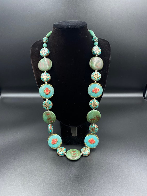 Beautiful Tibetan turquoise necklace with coral a… - image 1