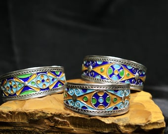 Vintage Handmade Moroccan Silver Big Cuff Bracelets With Enamel Work On Top