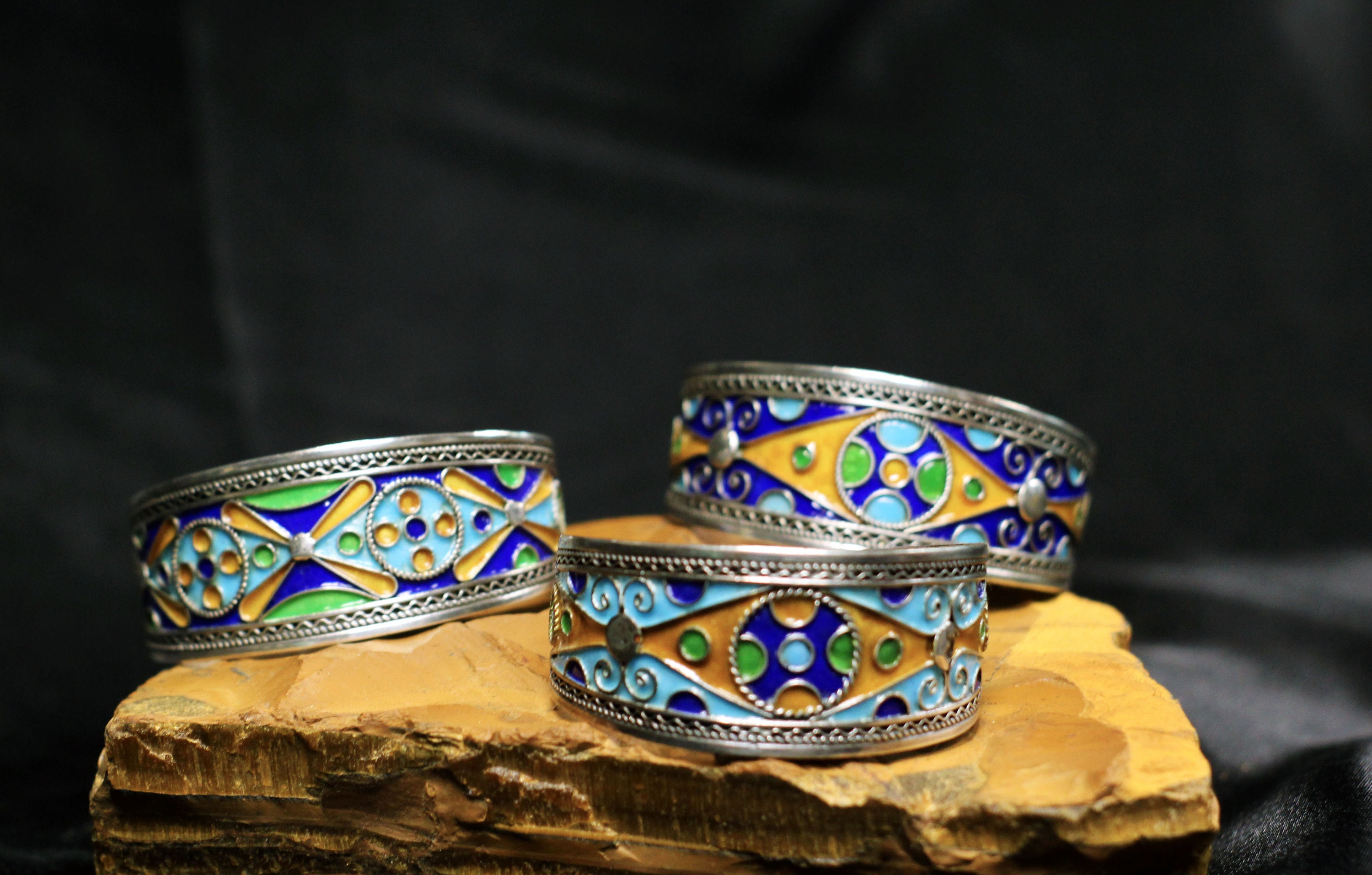 Vintage Handmade Moroccan Silver Big Cuff Bracelets With Enamel