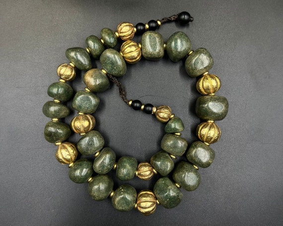 Beautiful Old Natural Jade Ball Necklace With Gol… - image 1