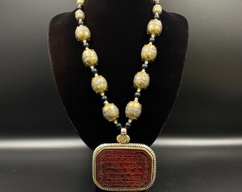 Tribal Agate Stone Necklace, Solid Silver Gold Gilded Design