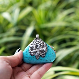 Vintage Tibetan Silver With Turquoise Pendant And Tibetan Dragon Symbol Natural Turquoise Stone