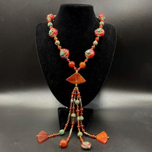 Old Tibetan red carnelian  Necklace - Nepali Tribal Beads - Authentic  - mix coral Beads - Tibet turquoise mix copper Bead Necklace