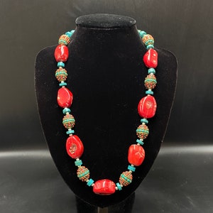 Most Beautiful Old Natural Coral Beads Necklace With Turquoise From Tibet tibetan jewelry Tibetan coral Tibetan style