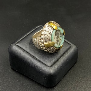 Beautiful Alexander head in turquoise stone intaglio ring statement ring Gold Plated Sterling Silver Ring Size 6 US