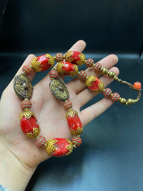 Beautiful Tibetan Coral Necklace & Gold Plated Br… - image 2