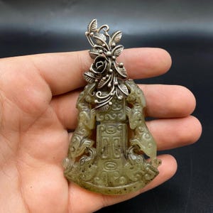 Beautiful Natural Green Jade With Silver holder flowers Pendant old Chinese pendent with 2 dragon lions figure