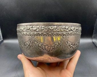 Antique Chinese or Tibetan silver bowl. Late 19th century. Silver bowl with carved Flowers top Quality very Beautiful solid silver
