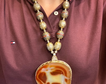 Old Afghanistan Agate Pendant Necklace, Tribal Silver Beads