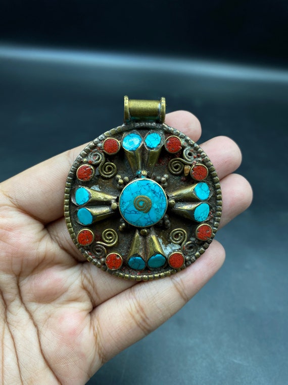 Beautiful Tribal Brass Pendent with turquoise  cor