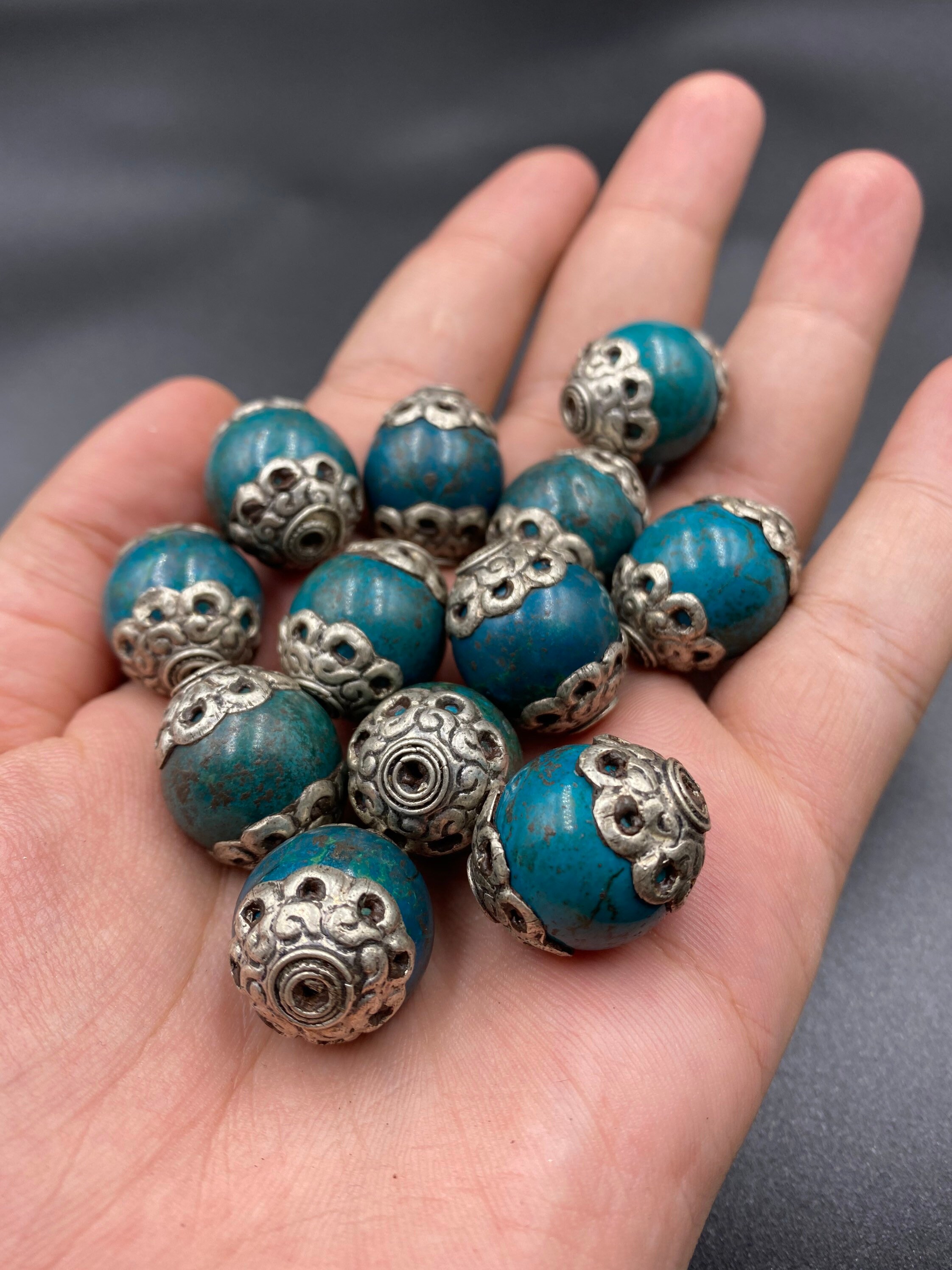 Rare Old Tibetan Brass With Turquoise 12 Pieces Beads 21