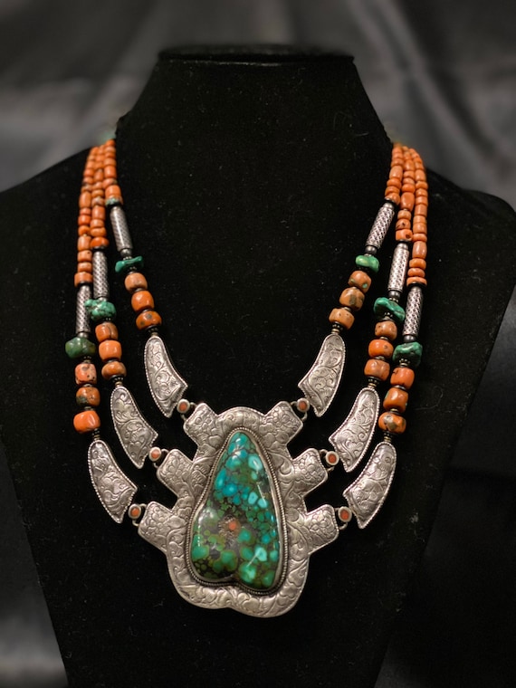 Tibetan silver necklace multi strand stone natura… - image 1
