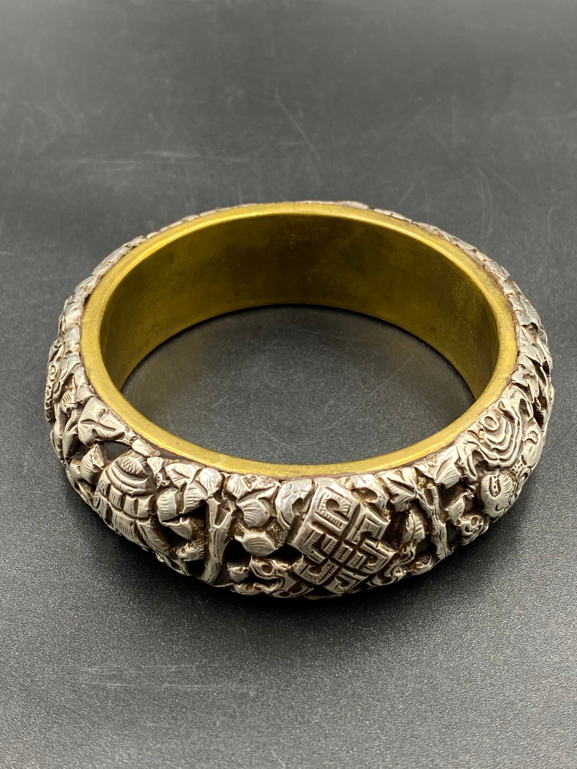 Tibetan Bangle, Symbols Bracelet, Brass With Sterling Silver