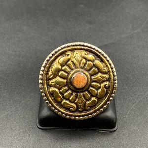 Tibetan Ring, Coral With Brass Silver Plated Tibetan Symbols Ring Size 8 US, Ethnic Jewelry