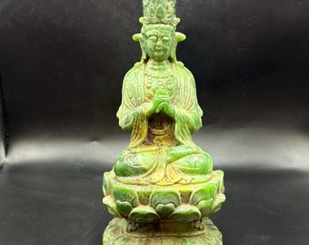 古翡翠 緑黄玉 彫刻 手彫り 人形 ネフライト 軟玉 王朝 アンティーク 風水 パワーストーン 天然石 インド翡翠手彫り龍置物[T757-1972]