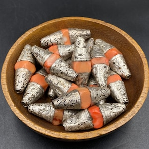Very Rare Old Tibetan Tube Coral With Engraved Silver Beads Irregular Size