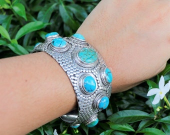Handcrafted Tibetan Cuff Bracelet, Natural Turquoise, Ethnic Silver Jewelry
