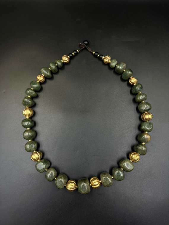 Beautiful Old Natural Jade Ball Necklace With Gol… - image 2
