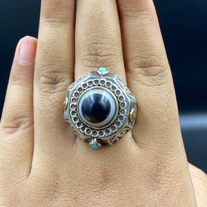 Fabulous Old Ancient Eyes Beads Intaglio Solid Silver Ring With Suleimani Aqeeq Agate & Turquoise Ring