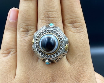 Suleimani Aqeeq Agat Ring i massivt silver, turkos accent