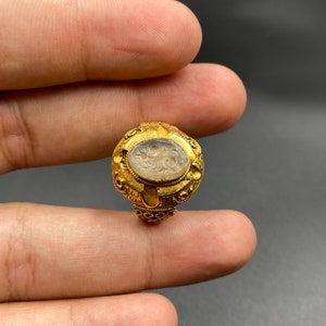 Ancient Roman Crystal Caved Cow Roman Intaglio  Roman 18k SOLID GOLD Signet Ring, Size 8 US