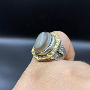 Old Rare Afghani Agate Stone With Silver & Gold Plated Ring, Size 8.5 US
