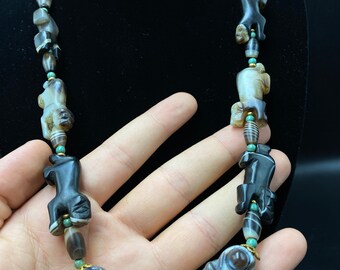 アンティークピューアゲートライオンビーズネックレス、チベットアイ