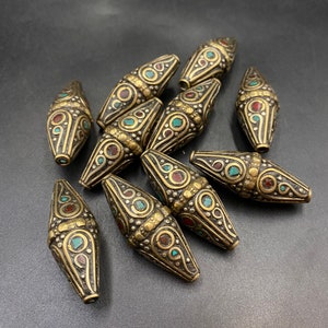 Wonderful Tibetan Handmade Coral and turquoise stone With copper lines tube shape Beads 10 Pieces Beads