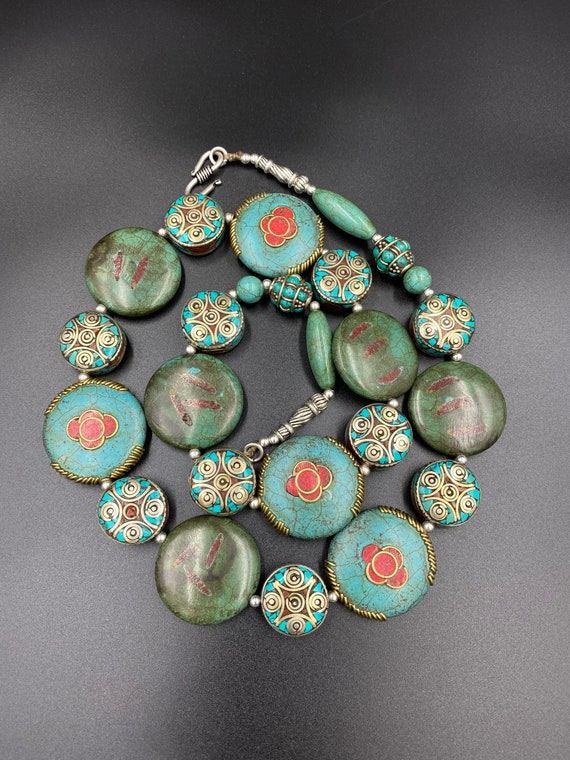 Beautiful Tibetan turquoise necklace with coral a… - image 2