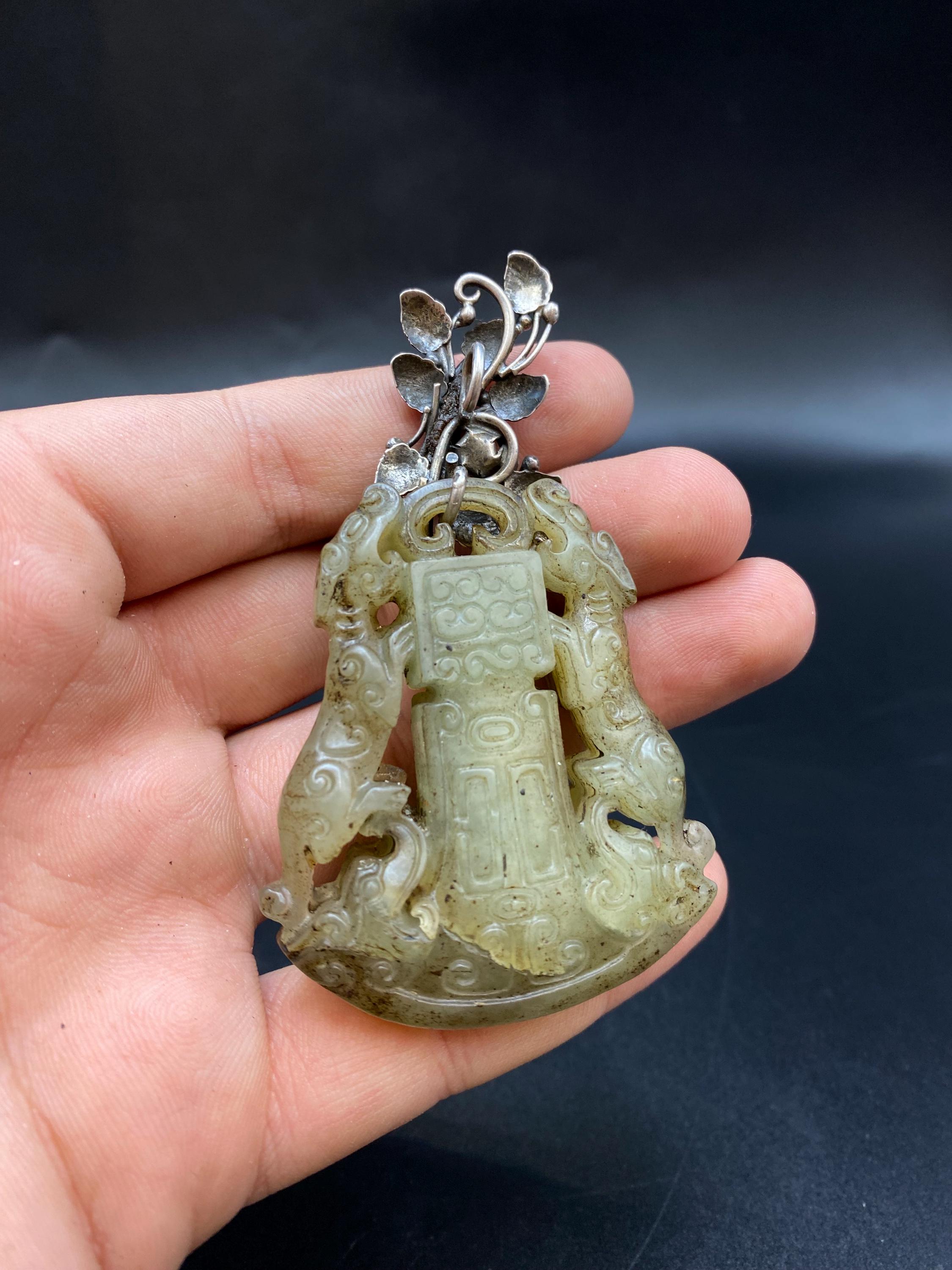 Green Jade Dragon Lion Pendant, Silver Flower Holder, Chinese - Etsy