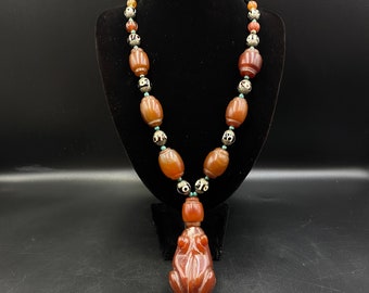 Gorgeous Frog Red Agate Pendant with Tibetan Turquoise & pressed eye beads Red agate ancient beads Art deco