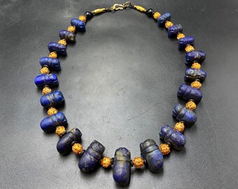 Collier Ancien Gravé Perles Lapis Lazuli - Authentique 19e Siècle - Afghanistan