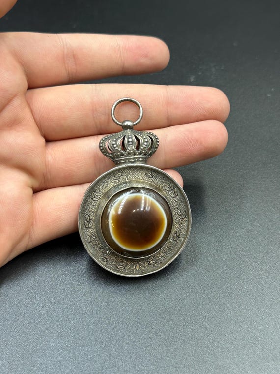 Old Victorian Solid Silver Agate Eye Bead Pendant… - image 1