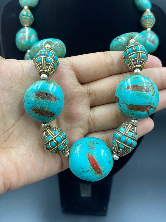 Beautiful Tibetan turquoise necklace with coral i… - image 3