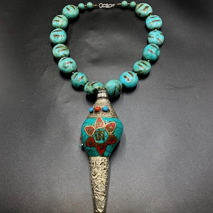 Gorgeous Tibetan necklace with natural stones Turquoise and Coral inlaid silver pendent prayer