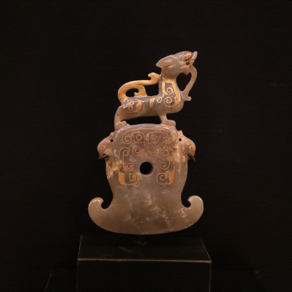 Antique Han Dynasty Chinese Gold Gilt Jade With Carved Tiger On Top