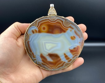 Natural Agate Stone Pendant With Silver Animal Figurine