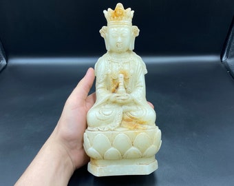 Antigua estatua china de jade blanco de la diosa Quan Yin, escultura antigua