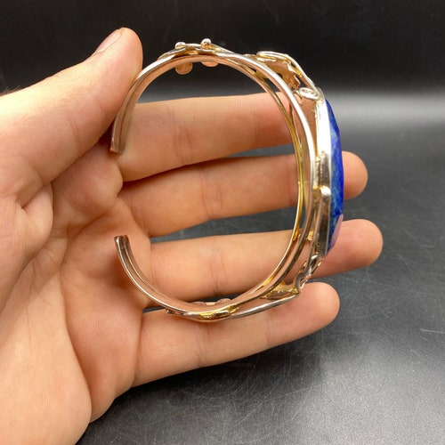 Beautiful Vintage Lapis Lazuli Silver Cuffs Bracelet With Flower On The Sides, shops Ethnic Jewelry