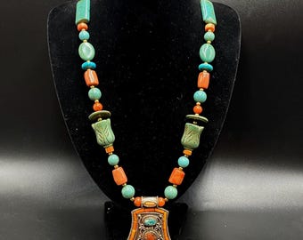 Old Tibetan Coral Glass Disc Turquoise Art Glass Beads Silver Tone