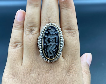 Amazing Intaglio Afghani Onyx Craved Roman Man Figure Silver With Gold Plated Ring Statement Ring, Unisex Ring