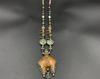 Unique Tibetan Silver metal  With Mix Stone Necklace, Coral Pendant