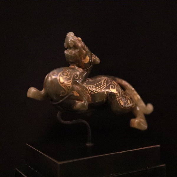 Antique Han Dynasty Chinese Gold Gilt Tiger Carved On Jade With Gold Gilt