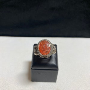 Beautiful Afghani Silver Ring With Islamic Prayer Writhing For Good luck Craved On Agate, Size 10 US