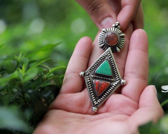 Tibetan Vintage Silver Pendant, Green Turquoise, Red Coral, Natural Stones, Handmade