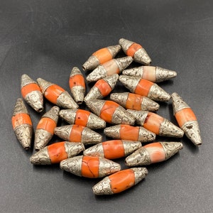 Tibetan Coral With Engraved Silver Beads Irregular Shape & Size