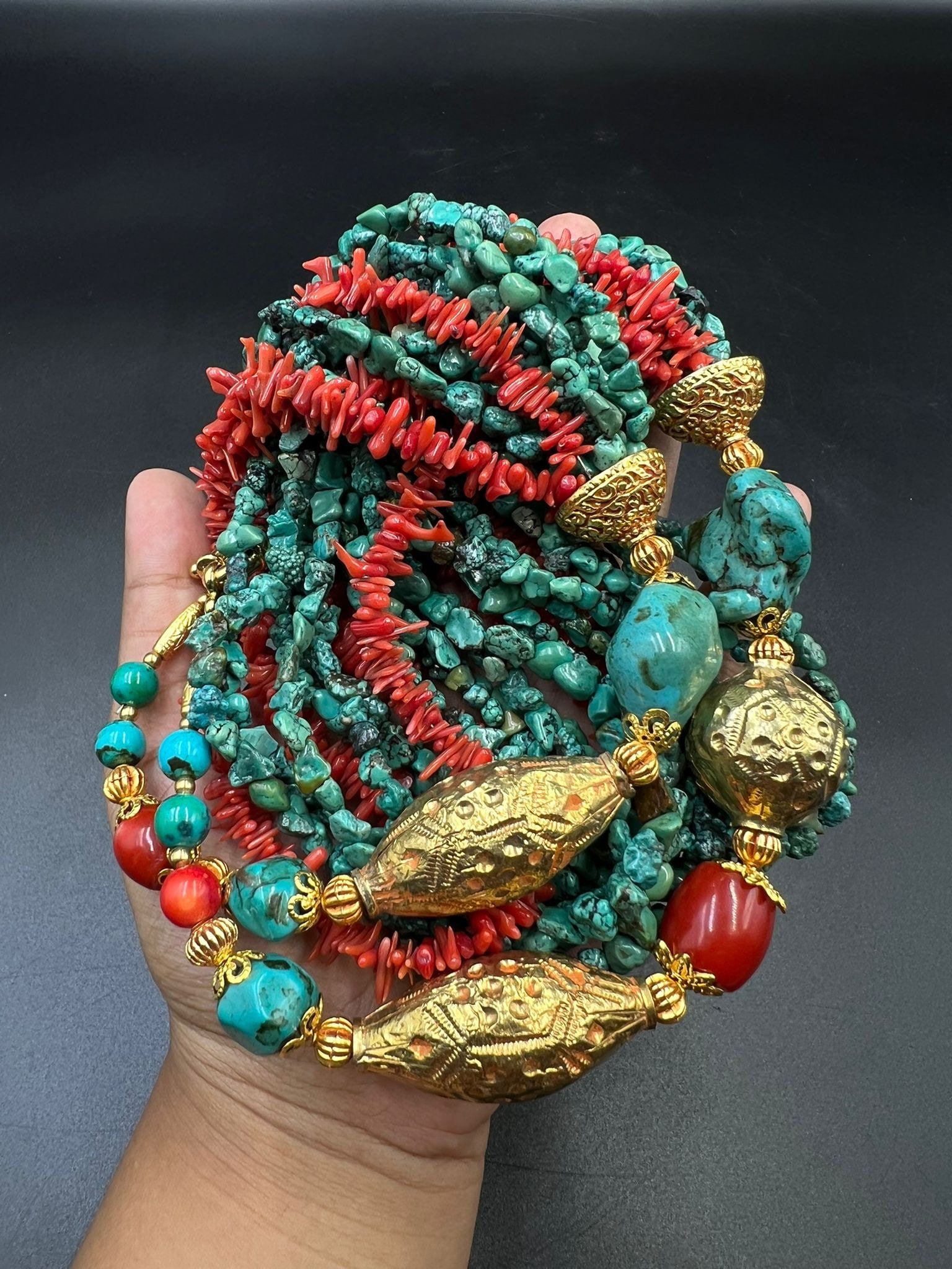 Old Tibetan Coral and Turquoise Beaded Necklace, Silver Gold 