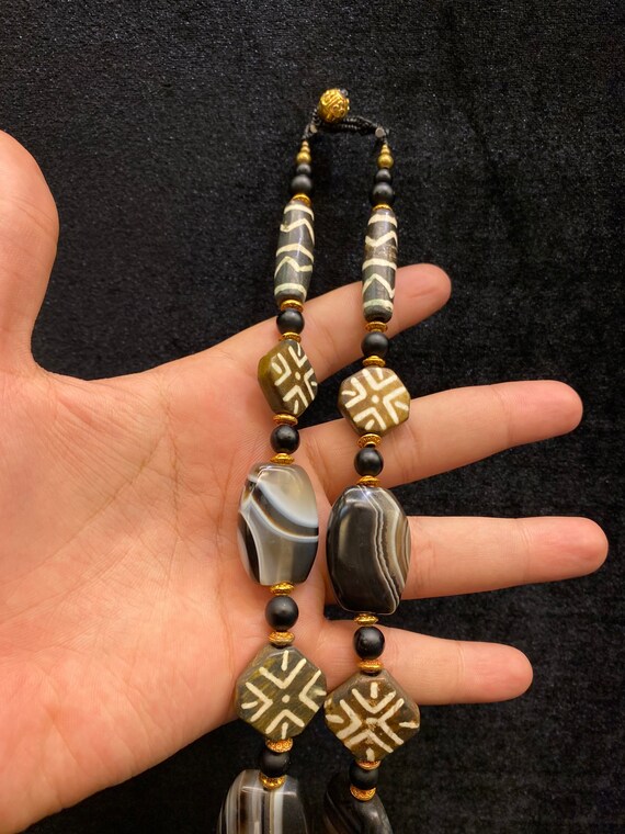 Pyu Agate Pumtek Necklace, Gold Plated Brass, Old… - image 5